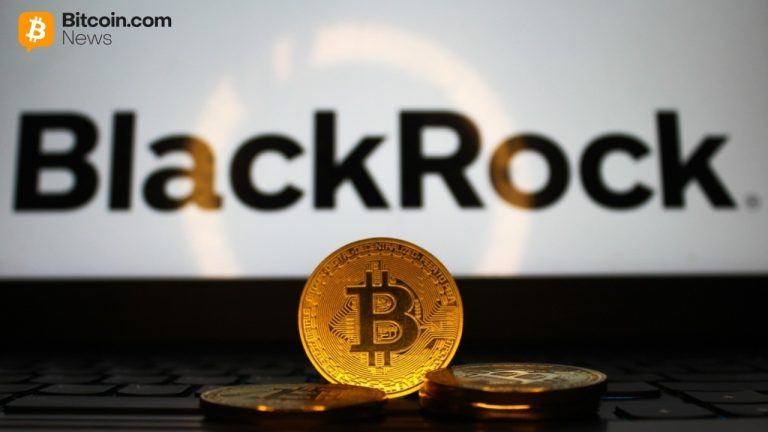 Bitcoin coin with Blackrock text in the background