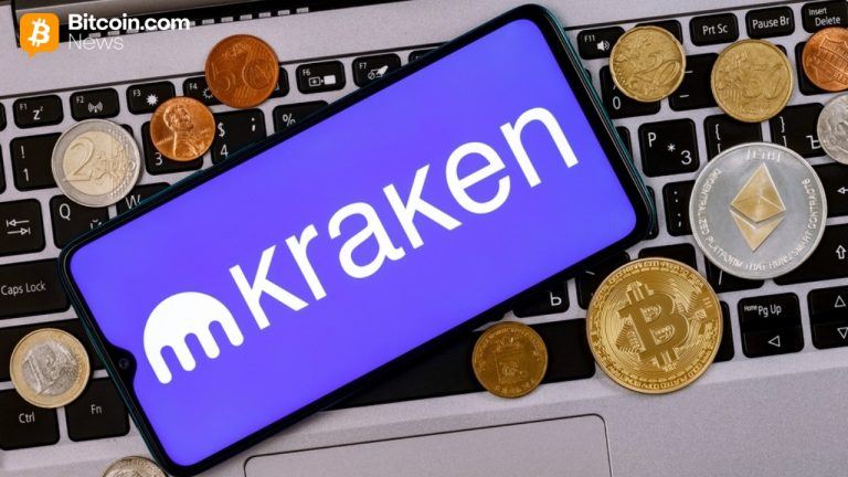 Logo and name of Kraken exchange on mobile phone surrounded by crypto and fiat coins