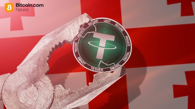 USDT coin held by vice with Georgia flag in background
