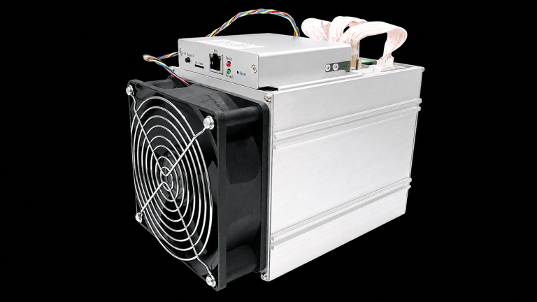 Bitmain Zcash (ZEC) miner on black backdrop.