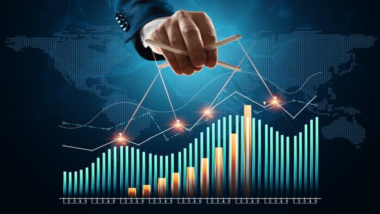 male hand manipulates financial charts, business indicators