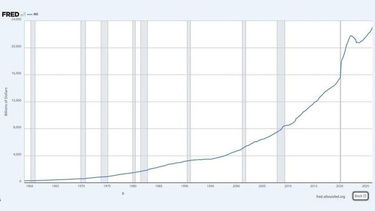 FRED data showing US government's rising money supply.